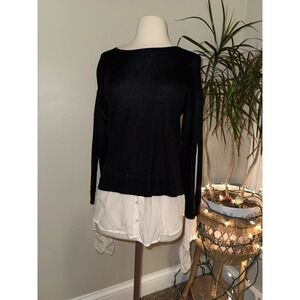 SOH Black Cream Layered Sweater Long Sleeve Button‎ Up Sheer Sleeve Tie Detail